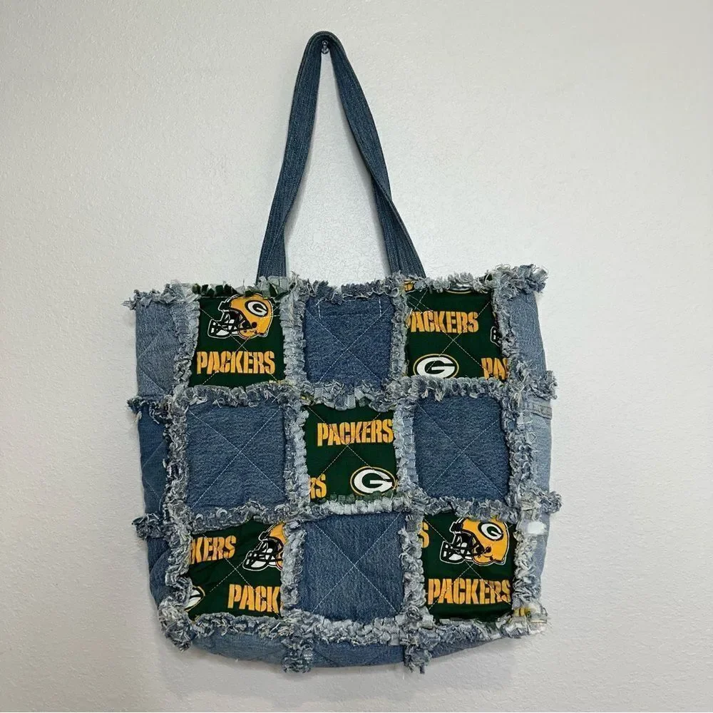 Green Bay Packers Custom Handmade Denim Jeans Patchwork Purse Bag‎